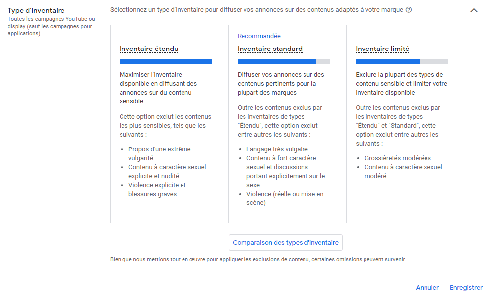Paramètres de compte Google Ads - Types d'inventaire